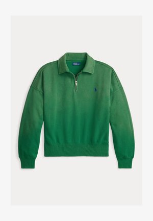 Green long-sleeve pullover with quarter-zip collar and ribbed cuffs, featuring small blue embroidered logo on left chest.