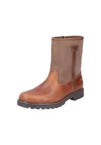 Bruine leren en suede enkellaarzen met een ronde neus, contrasterend zijpaneel, verzonken rits en een getextureerde rubberen zool.