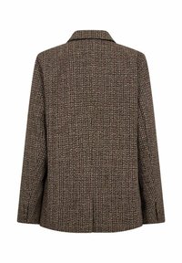 Brun tekstureret blazer med et ternet mønster, spidse revers og lange ærmer. Stoffet har et vævet udseende og en struktureret snit.