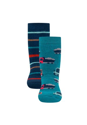 Two children's socks, one teal with truck patterns, the other dark blue with multicolored horizontal stripes.