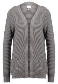 Gray knit cardigan with a v-neck, featuring a textured, ribbed design, open front, and two front pockets. Long sleeves complete the look.