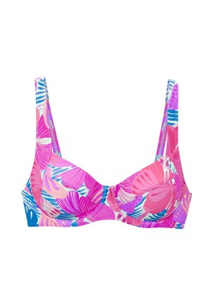 Bügel-BH mit geformten Körbchen in lebhaftem Pink, Blau und grünem Blattmuster. Verstellbare Träger und glatte Stoffoberfläche. Geeignet für Bademode.