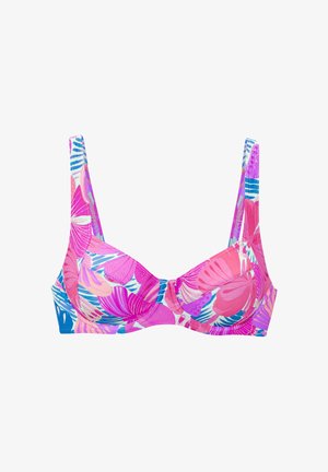 Bügel-BH mit geformten Körbchen in lebhaftem Pink, Blau und grünem Blattmuster. Verstellbare Träger und glatte Stoffoberfläche. Geeignet für Bademode.