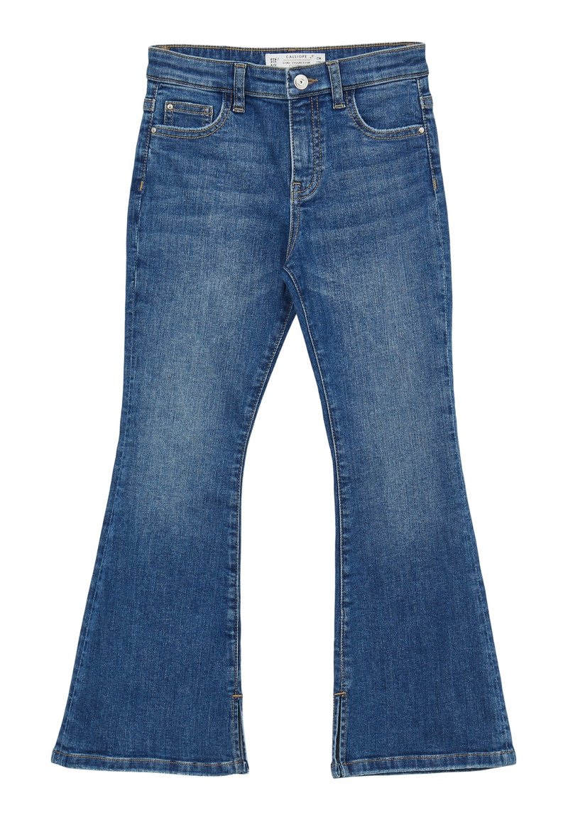 Jeans a zampa d'elefante blu in denim, con vita media, tasche frontali e cuciture minimaliste lungo le cuciture.