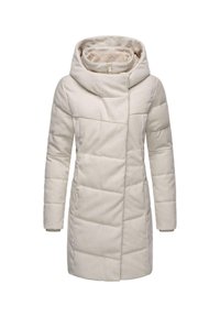 Manteau d'hiver beige rembourré avec un col haut, fermeture éclair asymétrique et poches latérales ; présente un design matelassé et une texture douce.