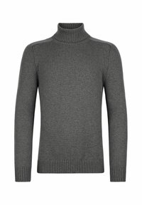 Grauer Rollkragenpullover aus weichem, gestricktem Material mit gerippten Bündchen und Saum. Hat eine schmale Passform und ein hohes Kragen-Design.