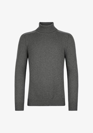 Grå polotröja gjord av mjukt, stickat material med ribbade ärmar och nederkant. Har en slim fit och en hög krage.