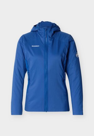 Chaqueta ligera azul con capucha, cremallera frontal, bolsillos laterales y logo "Mammut" en el pecho y la manga.
