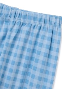 Light blue shorts made of soft fabric, featuring a checkered pattern in varying shades of blue. Elastic waistband provides stretch.