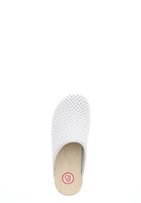 White perforated slip-on shoe with a smooth design, wooden sole, and a red logo accent on the insole.