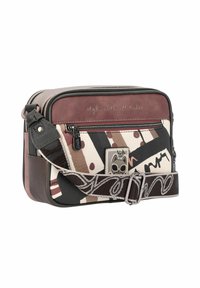 Borsa a tracolla multicolore in finta pelle con un mix di righe e motivi. Presenta una parte superiore rosata, chiusura con zip e tracolla regolabile.
