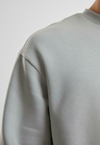 Helles graues Sweatshirt mit Rundhalsausschnitt, weichem Material und leicht strukturierten Schulternähten. Der Stoff wirkt glatt und atmungsaktiv.
