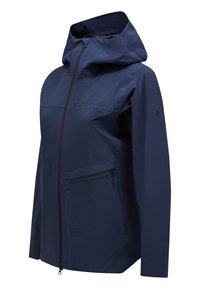 Giacca impermeabile navy con colletto alto, cappuccio regolabile, chiusura centrale con zip e tasche laterali. Tessuto liscio, leggero e con cuciture minime.