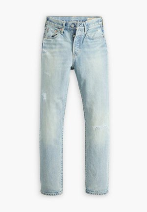 Helle blaue Jeans mit geradem Bein, einem ausgewaschenen Finish, leichten Abnutzungserscheinungen an den Knien und klassischem Fünf-Taschen-Design.