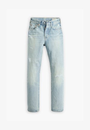 Light blue denim jeans with a straight leg, featuring a faded wash, slight distressing on the knees, and classic five-pocket design.