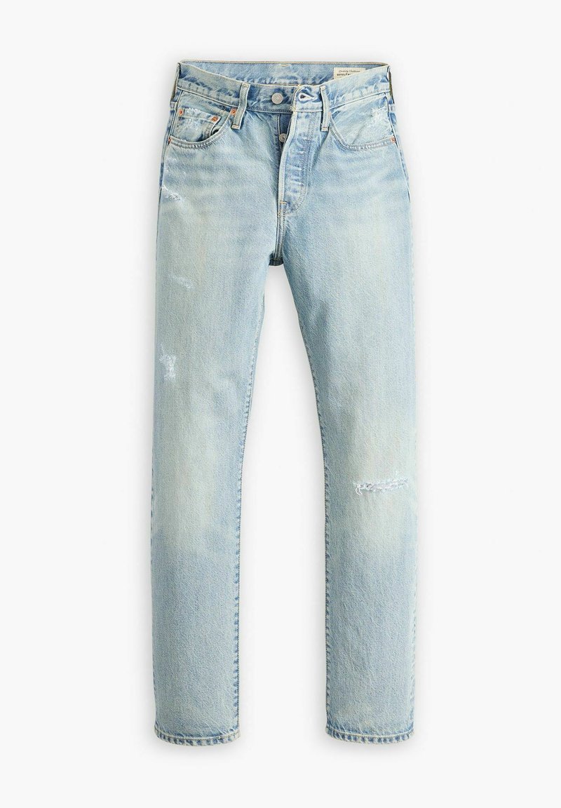 Helle blaue Jeans mit geradem Bein, einem ausgewaschenen Finish, leichten Abnutzungserscheinungen an den Knien und klassischem Fünf-Taschen-Design.