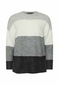 Szary i biały sweter w paski, z okrągłym dekoltem, długimi rękawami, miękką teksturą i jednolitym wzorem z różnymi odcieniami szarości.