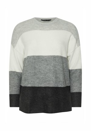 Maglione a righe grigie e bianche, con collo rotondo, maniche lunghe, texture morbida e un design a blocchi di colore con diverse tonalità di grigio.