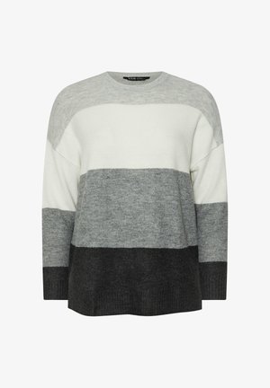 Szary i biały sweter w paski, z okrągłym dekoltem, długimi rękawami, miękką teksturą i jednolitym wzorem z różnymi odcieniami szarości.