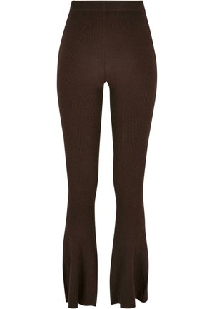 Pantaloni cu pene brown, cu un croi fit, având un talie înaltă și o margine evazată pentru mai multă textură și detalii de design.