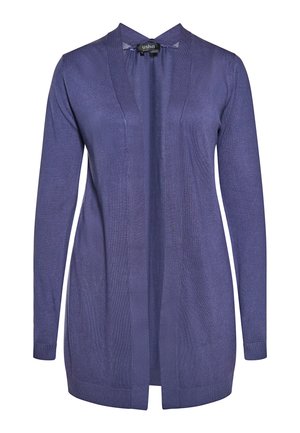 Violeta garā piedurkņu kardigāns ar atvērtu priekšpusi, ribotām aprocēm un strukturētu apdari. Izgatavots no viegla adīšanas materiāla.
