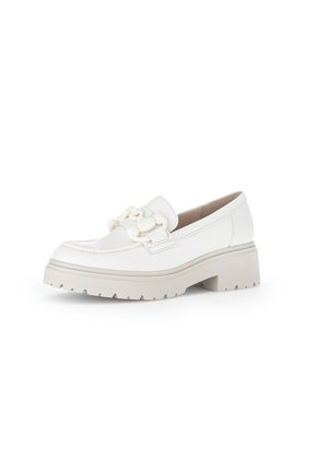 White leather loafers with a chunky cream sole, featuring a decorative chain accent on the vamp, smooth texture, and rounded toe design.