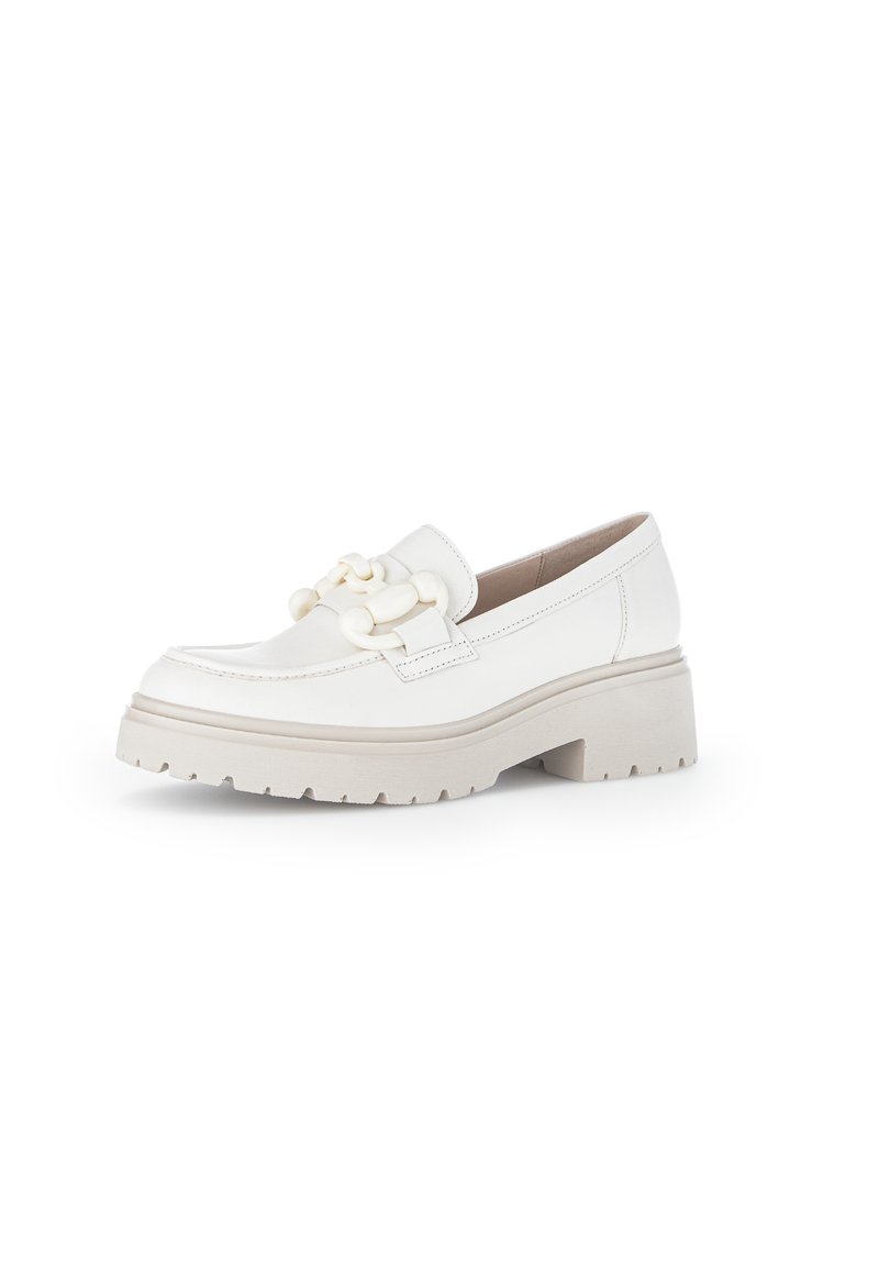 White leather loafers with a chunky cream sole, featuring a decorative chain accent on the vamp, smooth texture, and rounded toe design.