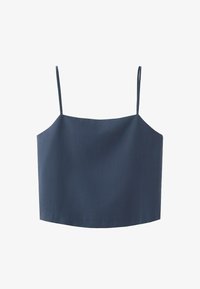 Camiseta corta azul marino con tirantes finos de espagueti y escote recto sobre un fondo blanco.