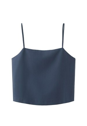 Camisolă albastru marin cropped cu bretele subțiri de tip spaghetti și decolteu drept pe un fundal alb.