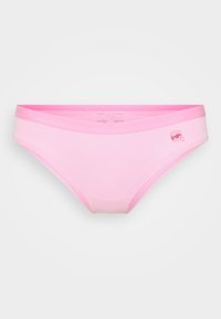 Pink bikini bottom made of soft, stretchy fabric. Features a smooth waistband and subtle branding on the side. Classic brief cut.