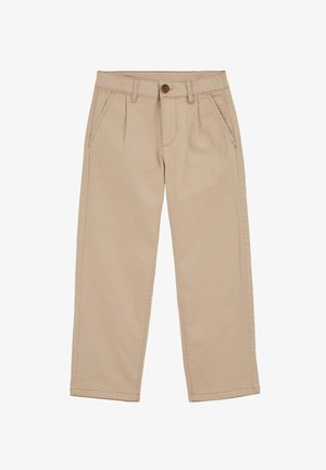 Khaki nohavice s rovný strihom, záhybmi v páse, prednými vreckami a gombíkovým zapínaním. Vyrobené z mäkkej, ľahkej tkaniny.