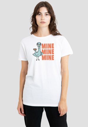 White cotton t-shirt featuring a cartoon pigeon holding a snack, with "MINE MINE MINE" printed in orange block letters. Short sleeves, relaxed fit.