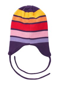 Colorful knit hat featuring horizontal stripes in yellow, orange, red, pink, and purple. Ties hang from the bottom. Soft, stretchy fabric.