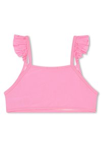 Rosa bralette med volangstropper, laget av glatt stoff. Har et enkelt design uten ekstra mønstre eller utstyr.