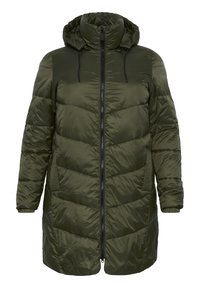 Dunkelgrüne, lange Pufferjacke mit Kapuze, vollem Reißverschluss auf der Vorderseite und seitlichen Taschen, mit gestepptem, diagonalen Nähten.