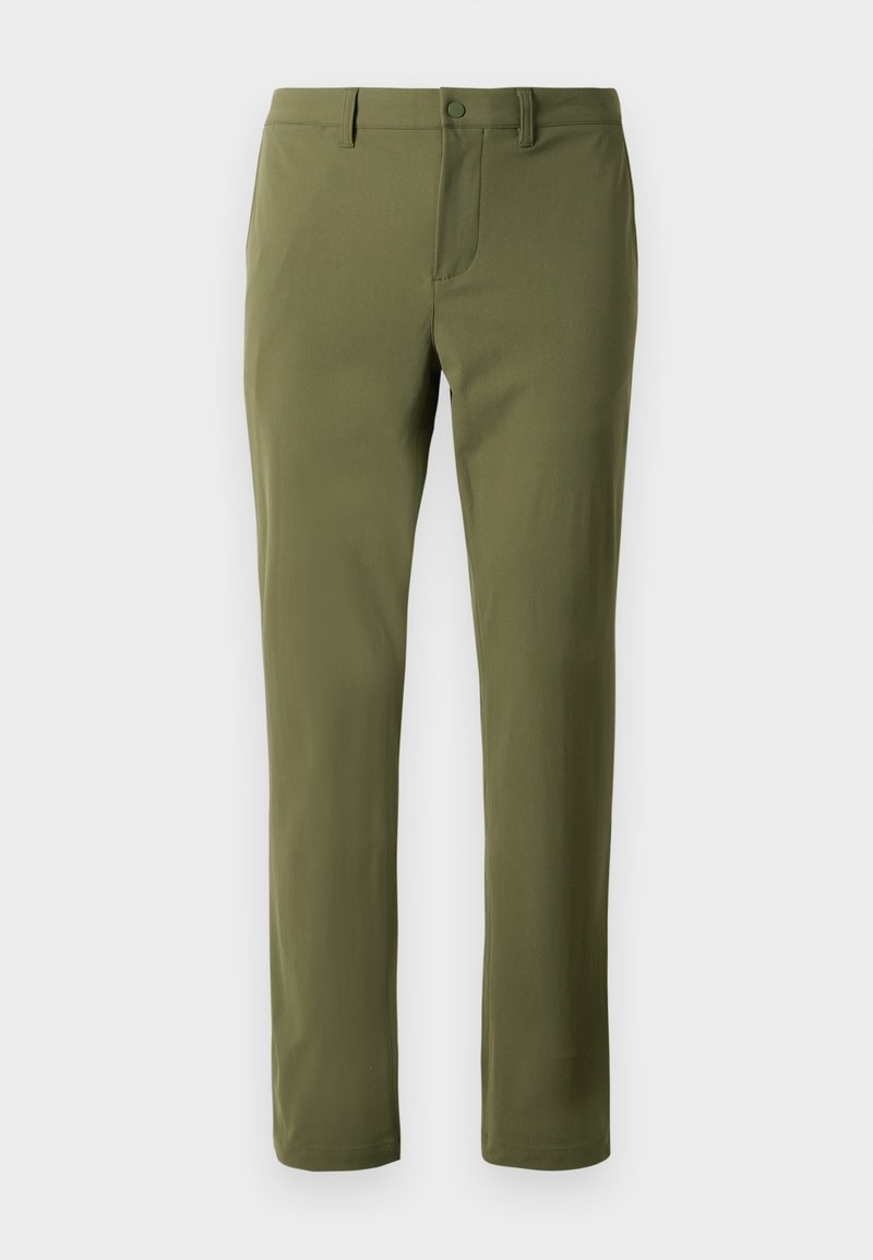 Pantaloni verde oliva realizzati in tessuto liscio con taglio dritto, dotati di chiusura con bottone e passanti per cintura. Nessun motivo o dettaglio visibile.
