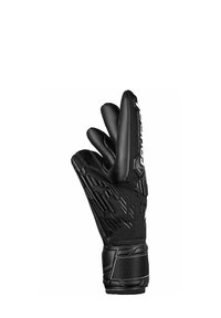 Schwarze Torwarthandschuhe mit strukturierter Griffoberfläche, stabilen Knöcheln und verstellbarem Handgelenkband, die ein schlankes Design und ergonomische Form aufweisen.