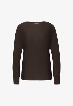 Ciemnobrązowy, długi sweter z dzianiny z prążkowanymi mankietami i okrągłym dekoltem, prezentowany na białym tle.