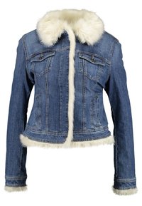 Džínsová bunda s límcem a lemem z umělé kožešiny. Obsahuje dvě přední kapsy a je přiléhavého střihu. Barva: světle modrá s krémovými akcenty.