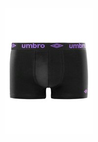 Boxer en coton noir avec une ceinture violette portant le texte et le logo "umbro". Texture lisse, coupe ajustée avec une forme classique.