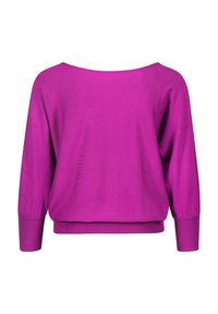 Maglione oversized fucsia con scollatura ampia e maniche a tre quarti. Texture liscia con polsini e orlo a costine.
