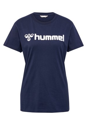 Marinblå bomullströja med en vit "hummel"-logotyp över bröstet, korta ärmar och en avslappnad passform. Slät textur.