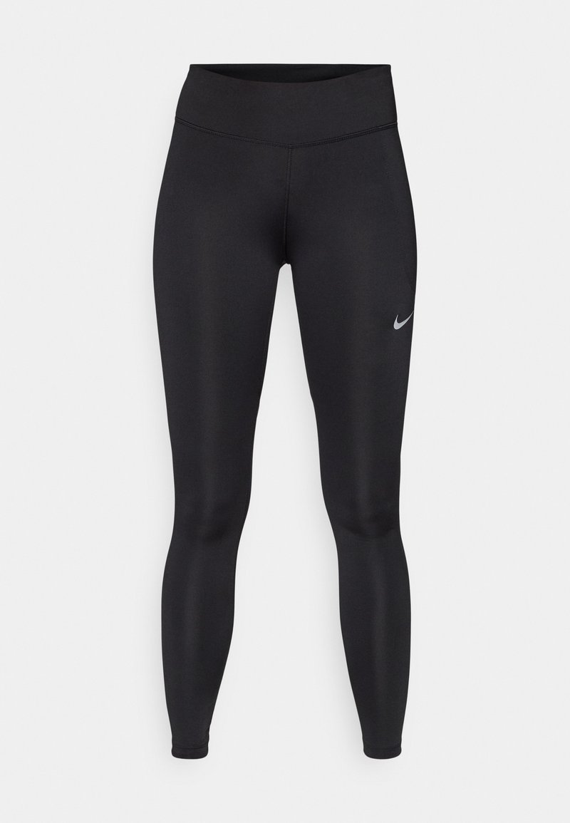 Leggings deportivos negros con una textura suave, cintura alta y un pequeño logo plateado de Nike en la parte inferior izquierda.