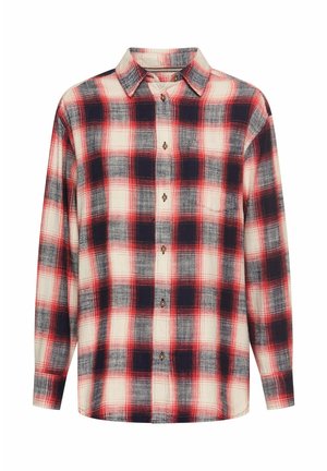 Geruite flanellen shirt in crème, rood en marineblauw. Heeft een knoopsluiting aan de voorkant, kraag, lange mouwen en een zachte textuur. Ideaal voor casual draag.
