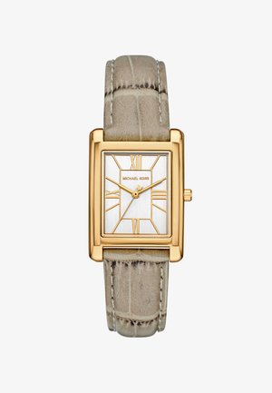 Reloj rectangular dorado con correa de cuero beige, esfera blanca, números romanos dorados y tres manecillas doradas que marcan las 10:10:36.