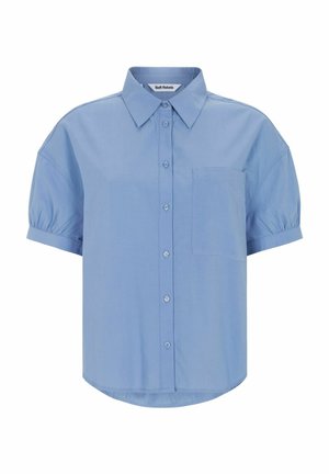 Helesinine lühikeste varrukatega nööpidega särk, millel on terav krae ja rinnatasku, mõeldud vabaajaks.