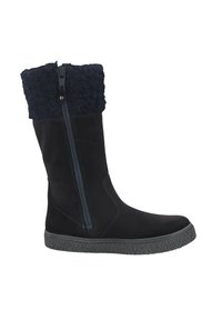 Schwarze Stiefeletten mit einem strukturierten, marineblauen Stoffbund, seitlichem Reißverschluss und einer Gummisohle mit strukturiertem Muster. Mit Kontrastnähten.