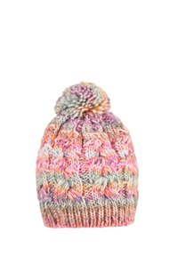 Knit beanie with a multicolored pattern in pastel shades of pink, green, and cream. Features a textured design and a pom-pom top.
