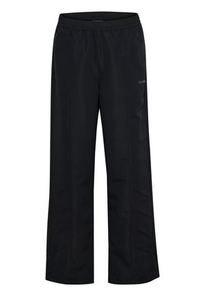 Schwarze Sporthose mit elastischem Bund und dezenten Nahtdetails an den Beinen, gerade geschnitten mit weitem Bein.