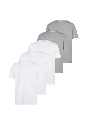 Sæt af fem ensfarvede T-shirts med rund hals, tre hvide og to grå, arrangeret i en forskudt række på en hvid baggrund.